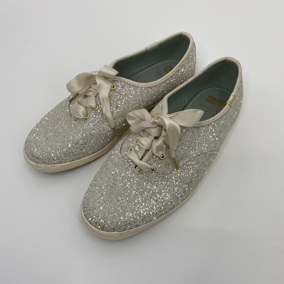 Keds x Kate Spade Glitter Sneakers Ivory Ribbon Womens Size 7 US - Picture 1 of 10